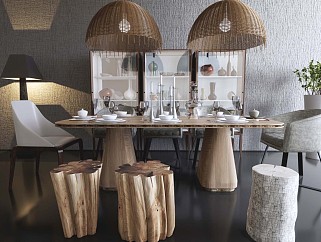 803 北欧风格餐厅餐桌圆木餐椅